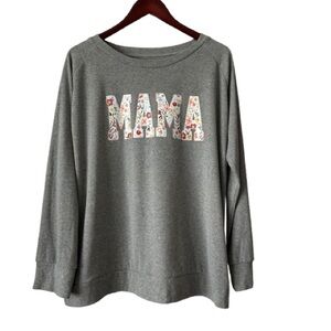 Gray & Floral 'MAMA' Women's 2XL Long Sleeve Round Neck Cotton Blend T-Shirt Top